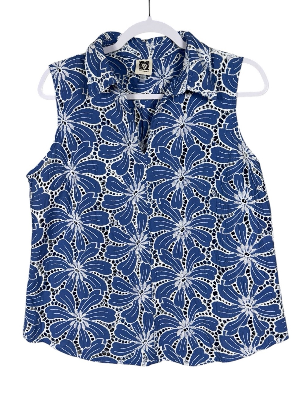 Anne Klein Blue and White Floral Sleeveless Blouse